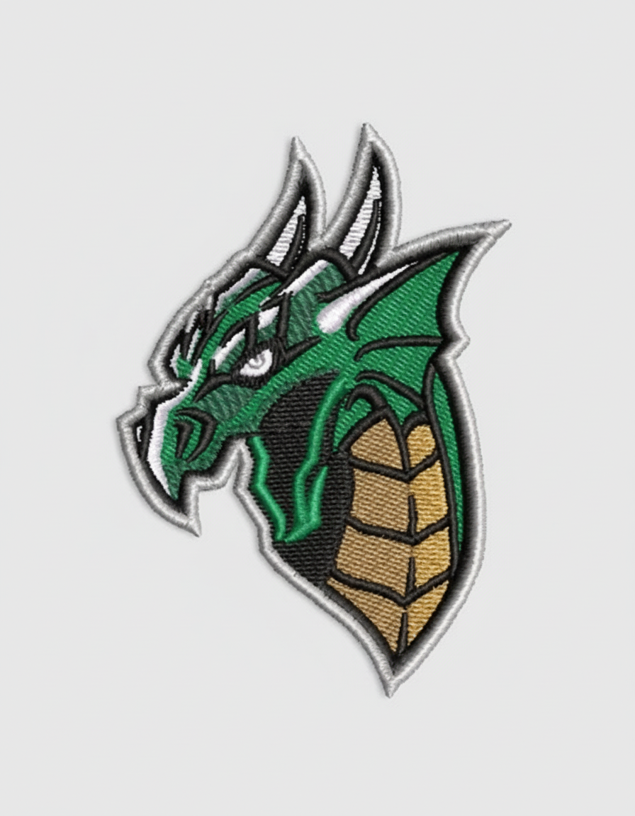 Dragon emblem patch with green and gold colors on a white background