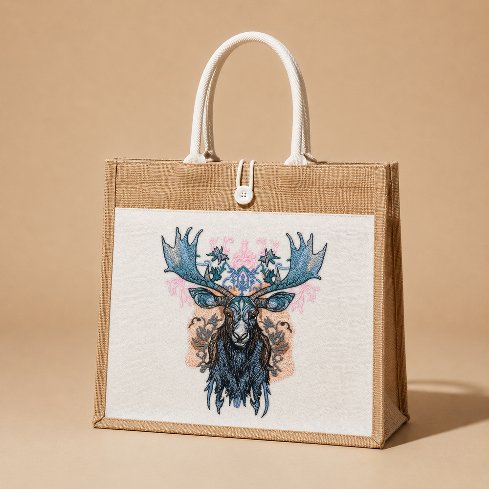 Jute bag with a deer head design on a beige background