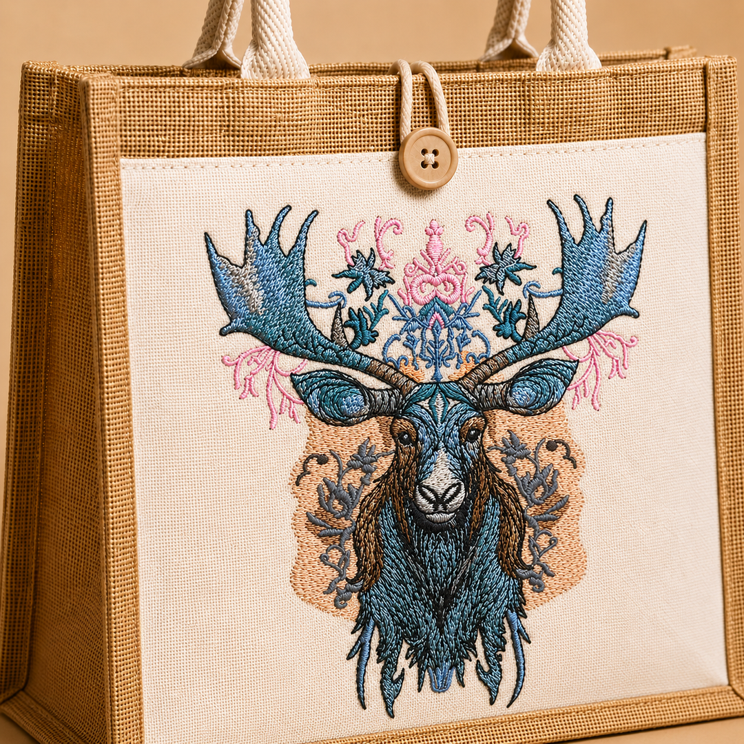 Embroidered tote bag with a deer design on a beige background