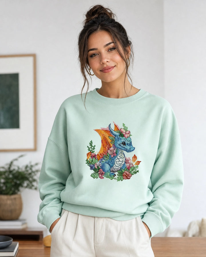 Baby Blue Dragon Machine Embroidered Sweatshirt – Hand Finished in Dubai | EmbroMania
