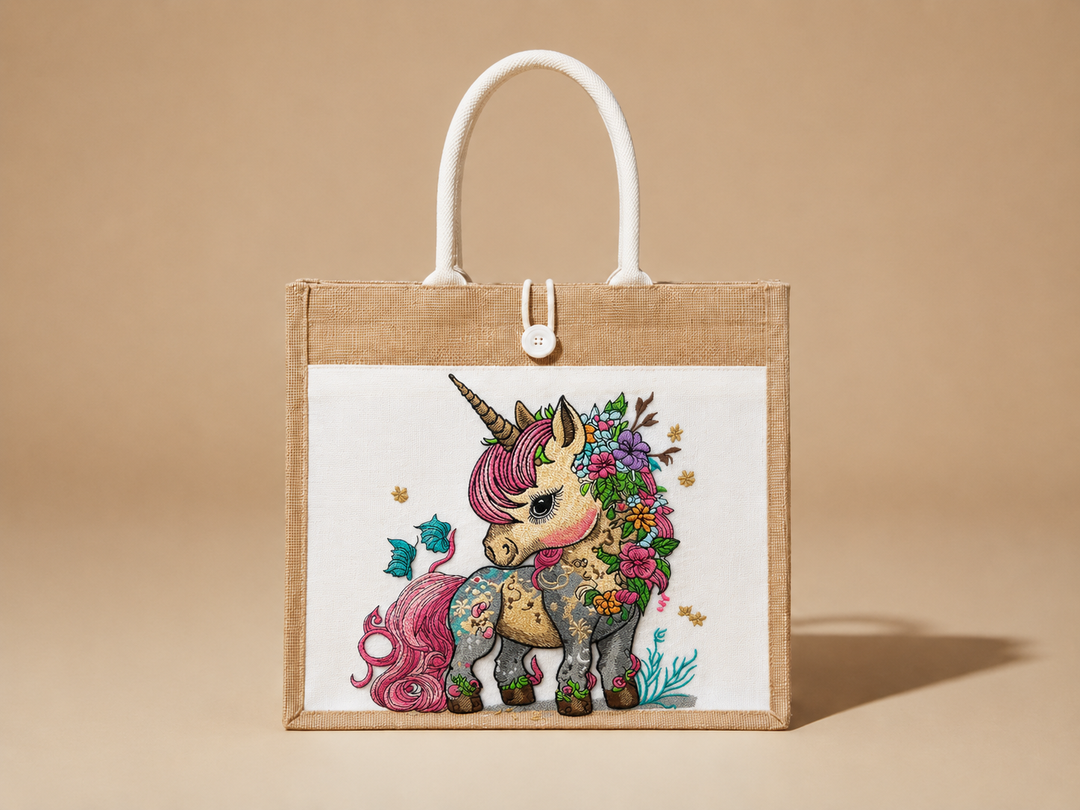 Tote bag with a colorful unicorn design on a beige background