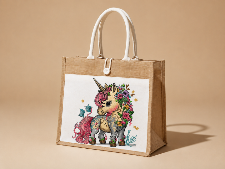Jute bag with a unicorn design on a beige background