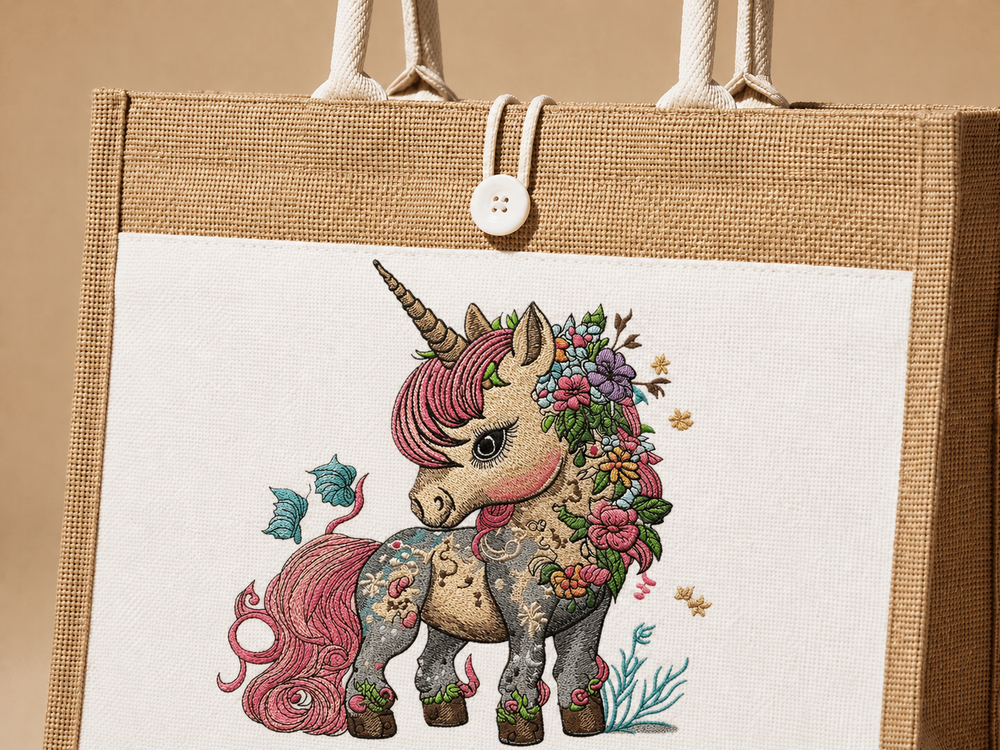 Enchanted Floral Unicorn Machine Embroidered Jute Tote – Hand Finished in Dubai | EmbroMania
