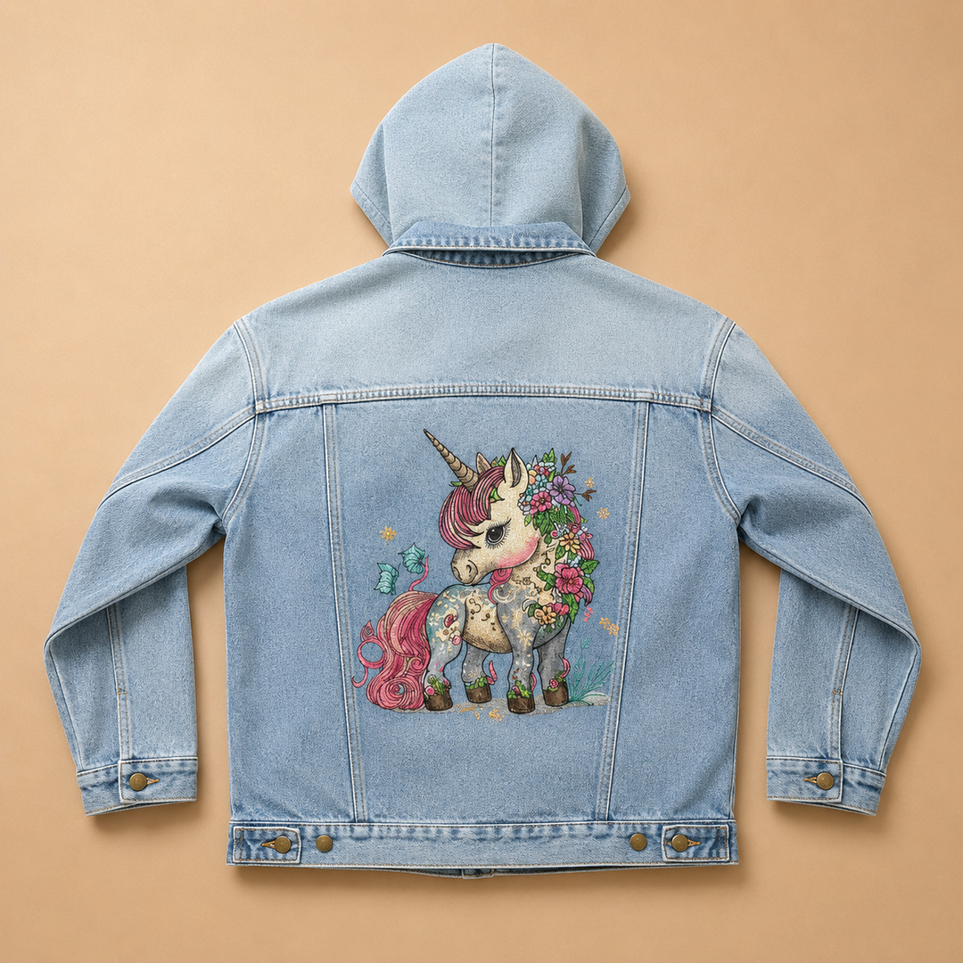 Enchanted Floral Unicorn – Denim Hoodie Jacket Mockup | Hand Finished in Dubai