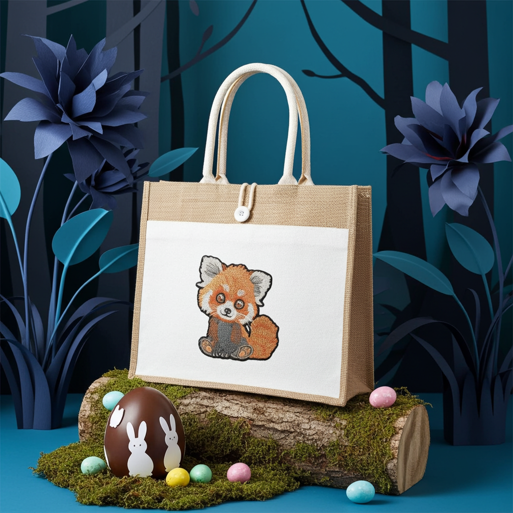 Natural jute tote handbag with a red panda embroidery, displayed on a mossy log in a dark blue forest-themed scene with Easter eggs.