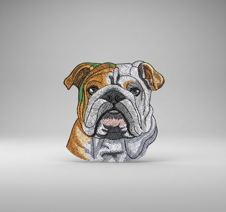 Realistic English bulldog embroidery patch featuring a detailed dog face with wrinkled muzzle, expressive eyes, and brown-and-white coat shading, stitched with textured thread on a light background, original EmbroMania artwork.