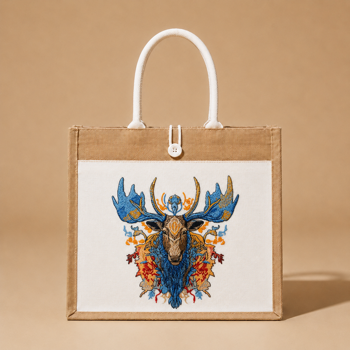 Tote bag with embroidered moose design on a beige background
