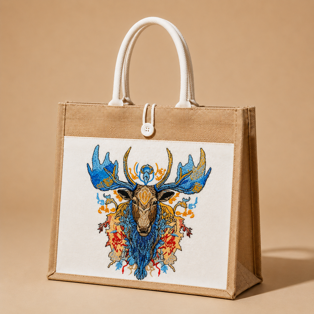 Jute bag with embroidered deer design on a beige background