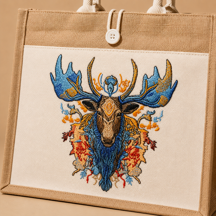 Jute bag with a colorful embroidered deer design on a beige background