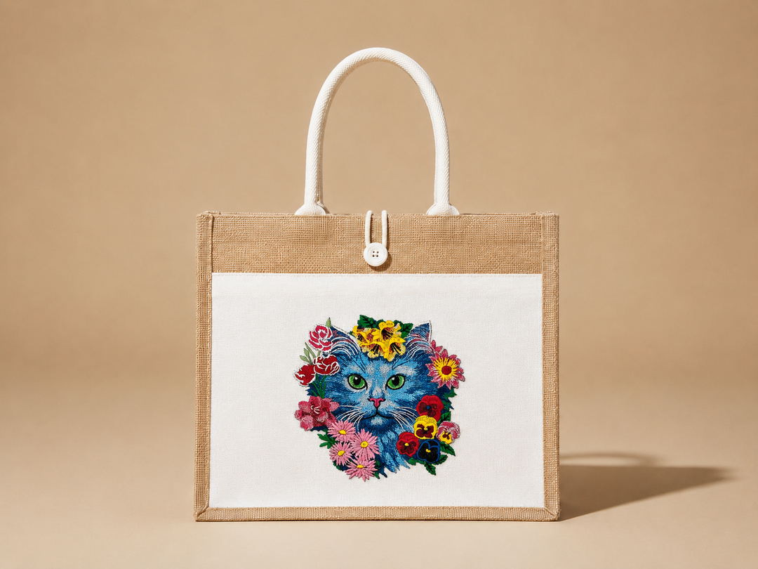 Jute bag with a colorful cat illustration on a beige background