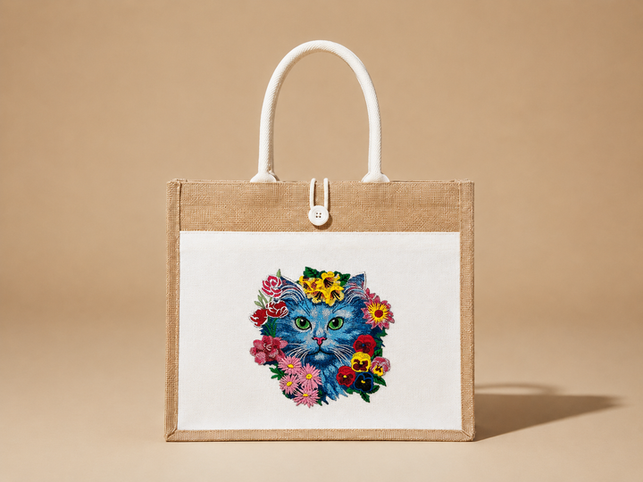 Jute bag with a colorful cat illustration on a beige background