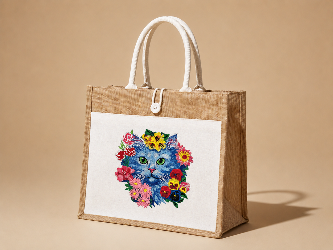 Jute bag with a colorful cat illustration on a beige background