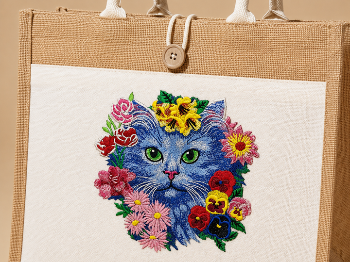 Embroidered design of a blue cat with flowers on a beige bag.