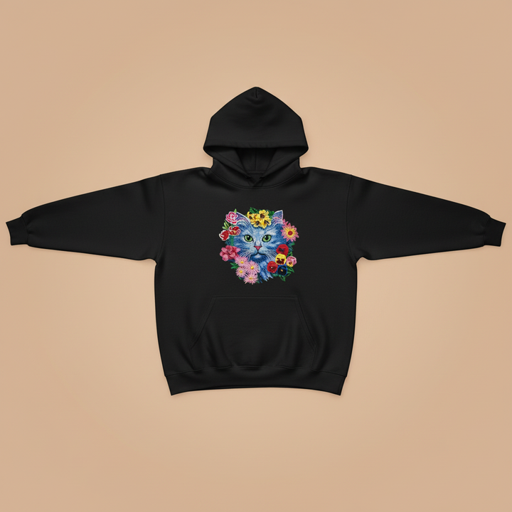 Floral Blue Cat — Embroidered Hoodie | EmbroMania