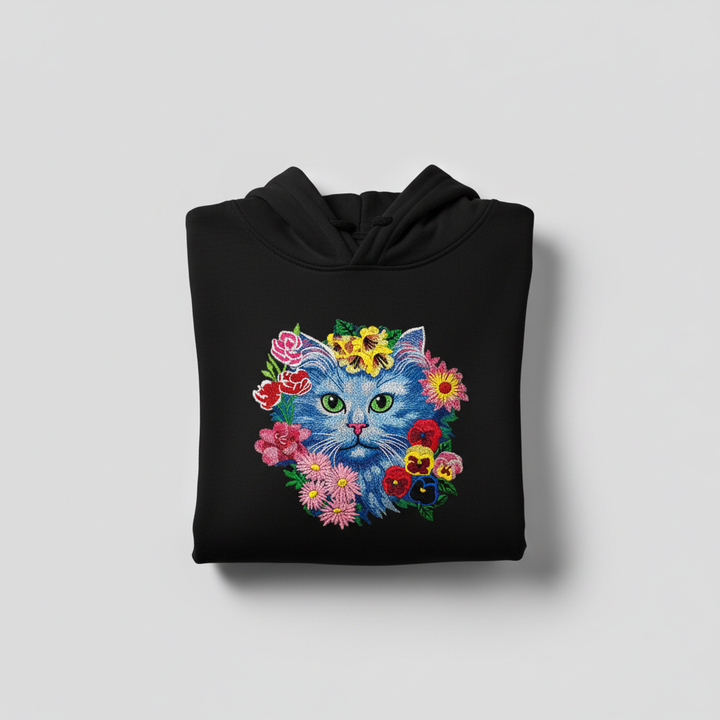 Floral Blue Cat Machine Embroidered Hoodie – Hand Finished in Dubai | EmbroMania