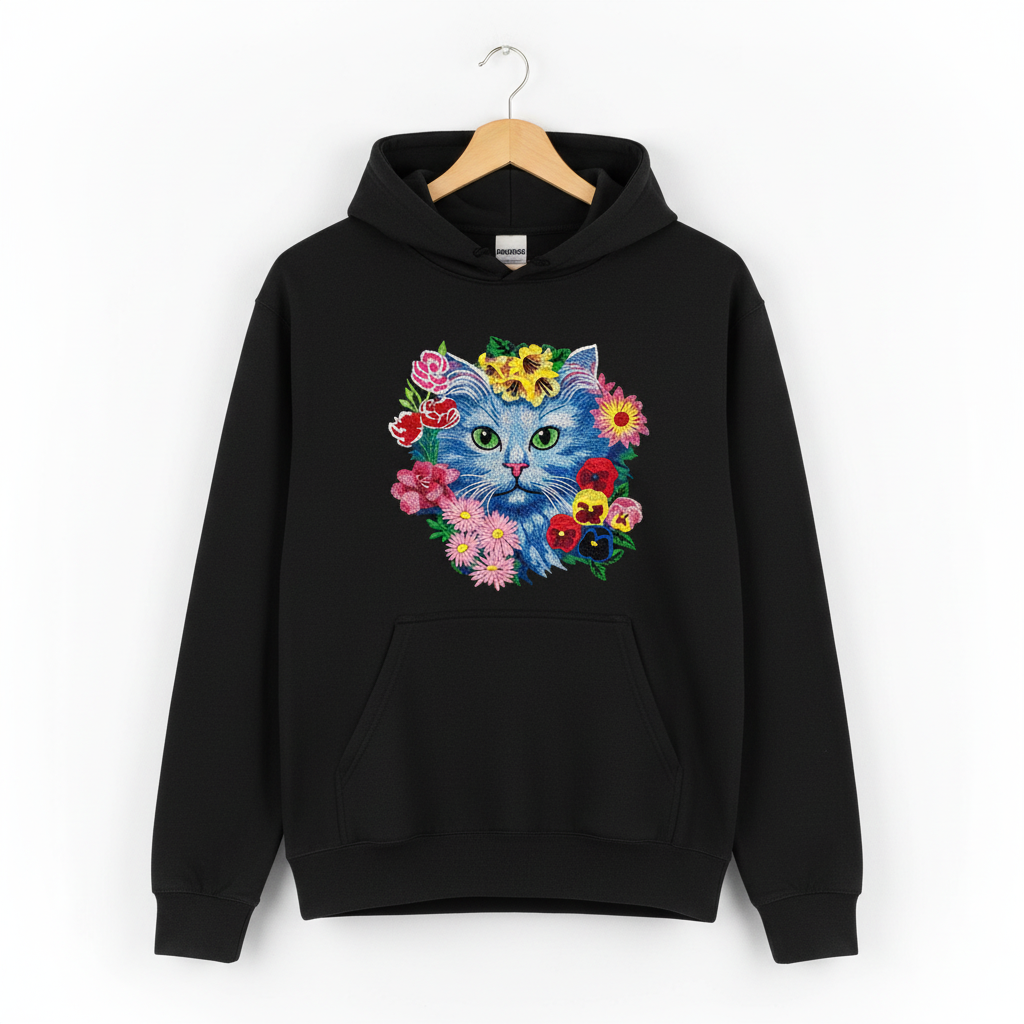 Floral Blue Cat Machine Embroidered Hoodie – Hand Finished in Dubai | EmbroMania