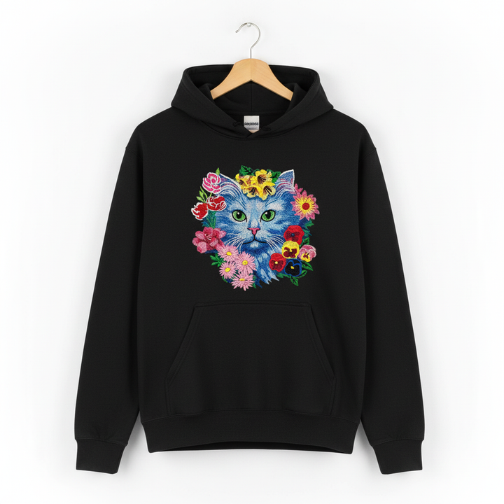 Floral Blue Cat Machine Embroidered Hoodie – Hand Finished in Dubai | EmbroMania