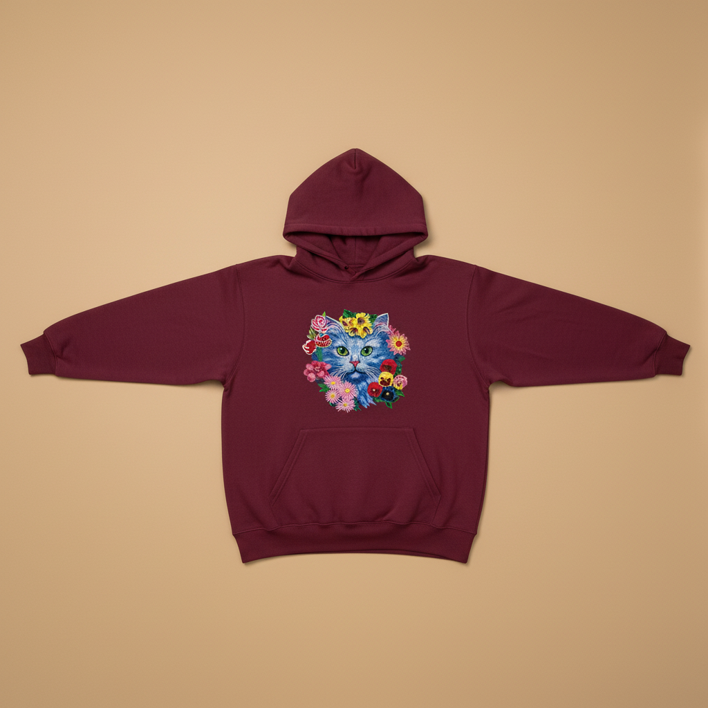 Floral Blue Cat Machine Embroidered Hoodie – Hand Finished in Dubai | EmbroMania
