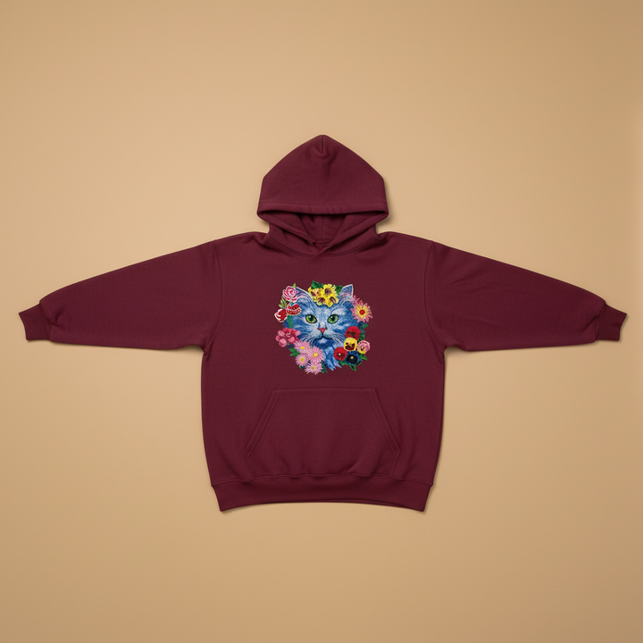 Floral Blue Cat Machine Embroidered Hoodie – Hand Finished in Dubai | EmbroMania
