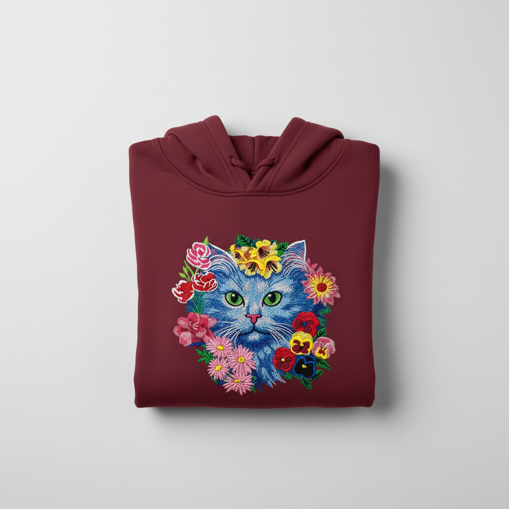 Floral Blue Cat Machine Embroidered Hoodie – Hand Finished in Dubai | EmbroMania