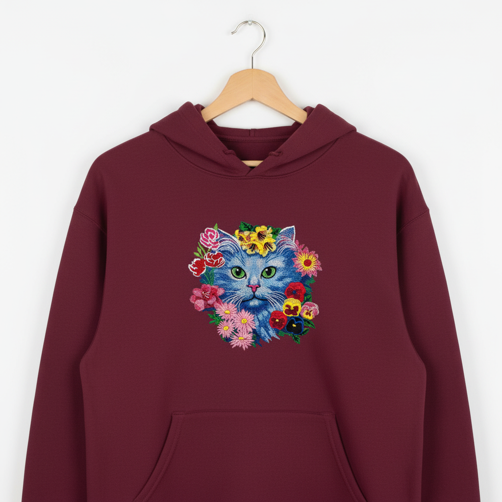 Floral Blue Cat Machine Embroidered Hoodie – Hand Finished in Dubai | EmbroMania