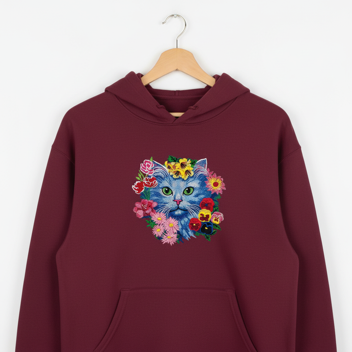 Floral Blue Cat Machine Embroidered Hoodie – Hand Finished in Dubai | EmbroMania
