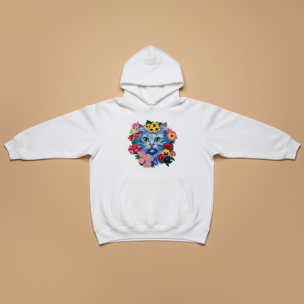 Floral Blue Cat Machine Embroidered Hoodie – Hand Finished in Dubai | EmbroMania
