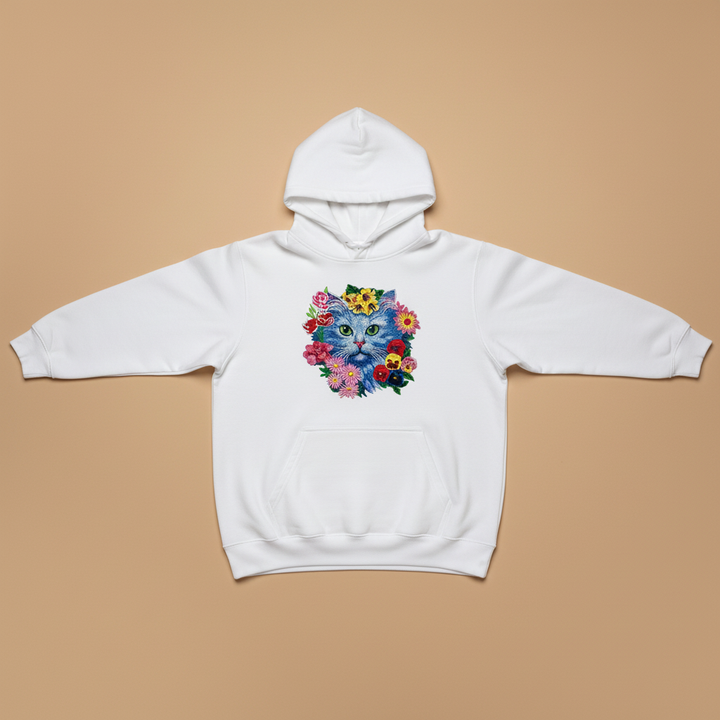 Floral Blue Cat Machine Embroidered Hoodie – Hand Finished in Dubai | EmbroMania