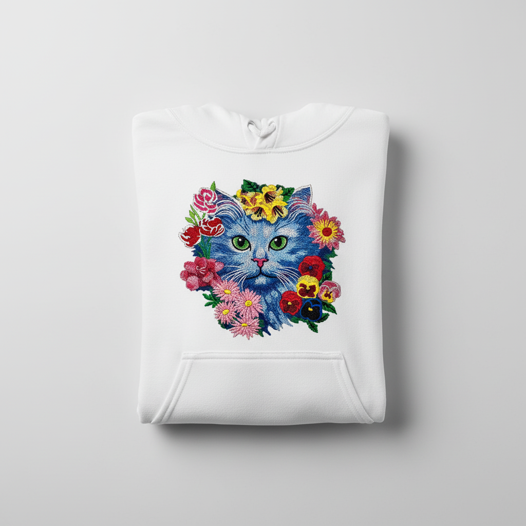 Floral Blue Cat Machine Embroidered Hoodie – Hand Finished in Dubai | EmbroMania