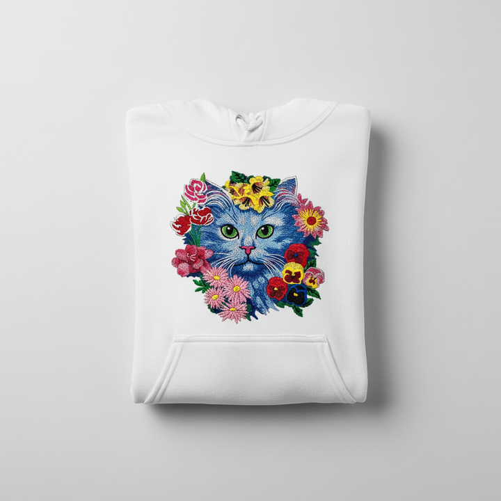 Floral Blue Cat Machine Embroidered Hoodie – Hand Finished in Dubai | EmbroMania