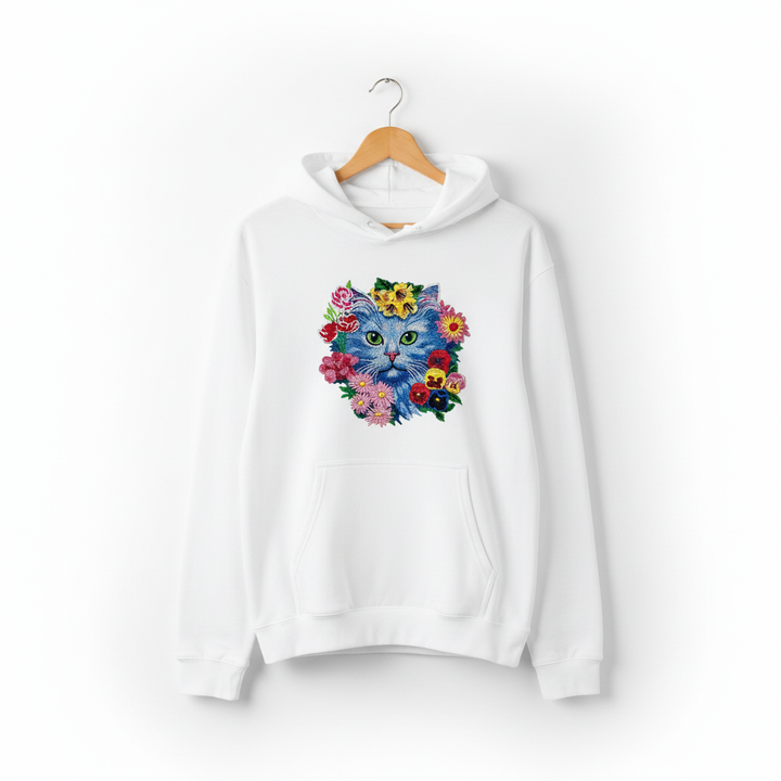 Floral Blue Cat Machine Embroidered Hoodie – Hand Finished in Dubai | EmbroMania