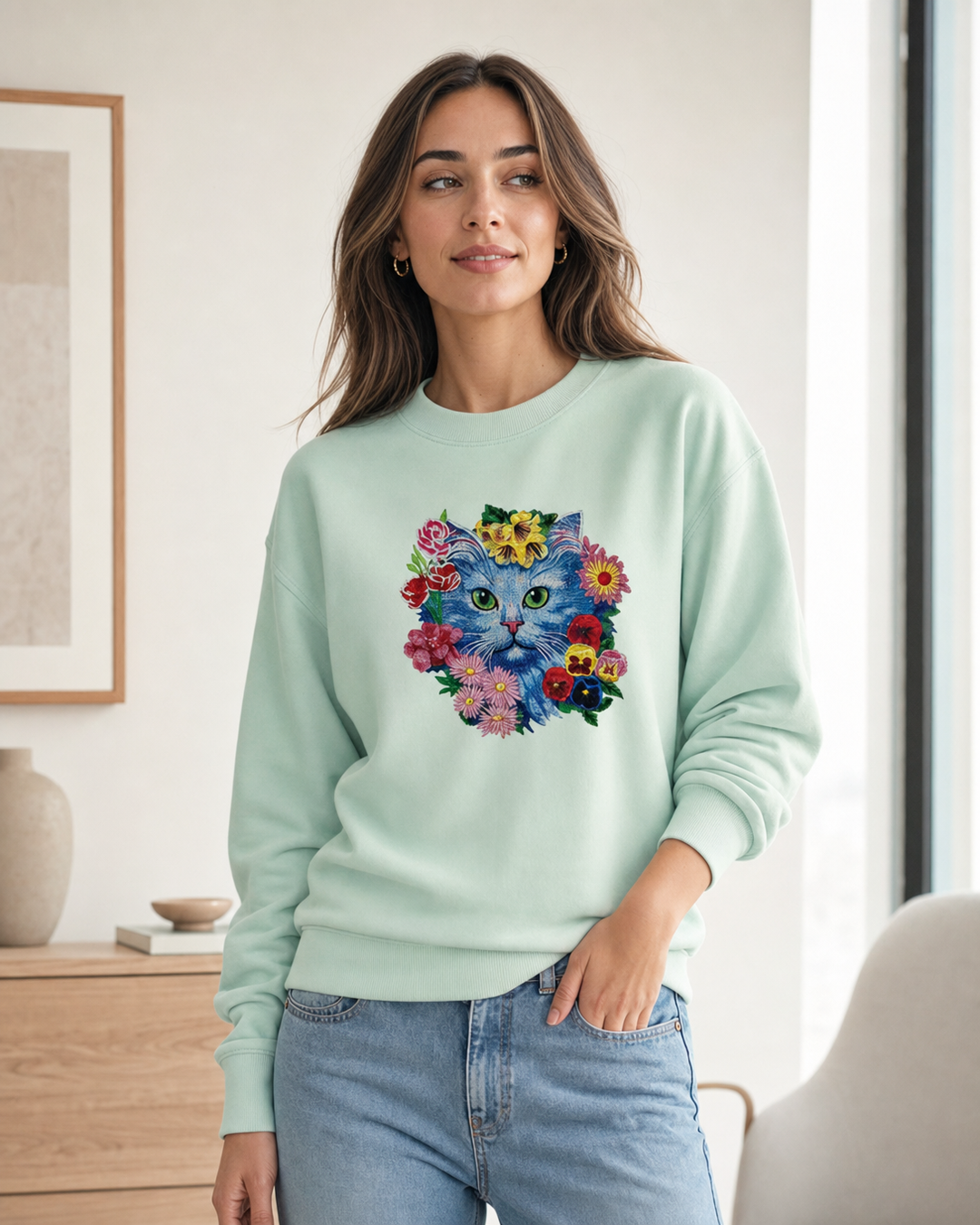 Floral Blue Cat Machine Embroidered Sweatshirt – Hand Finished in Dubai | EmbroMania