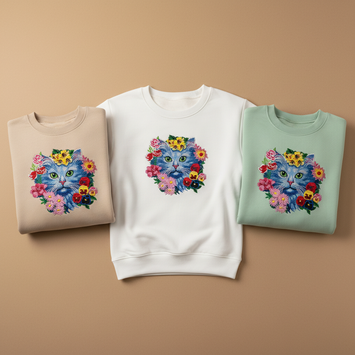 Artistic Botanical Blue Floral Cat — Premium Embroidered Sweatshirt | Original EmbroMania Design