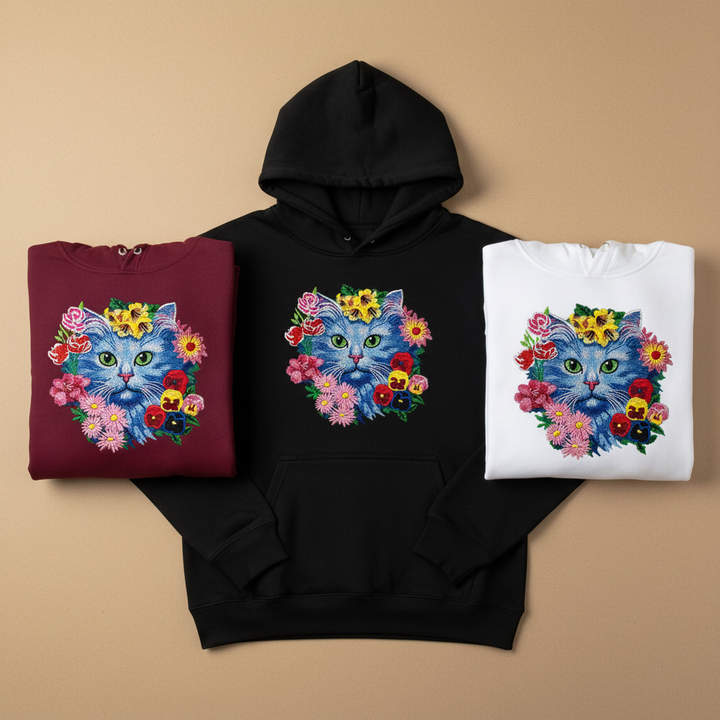Floral Blue Cat Machine Embroidered Hoodie – Hand Finished in Dubai | EmbroMania