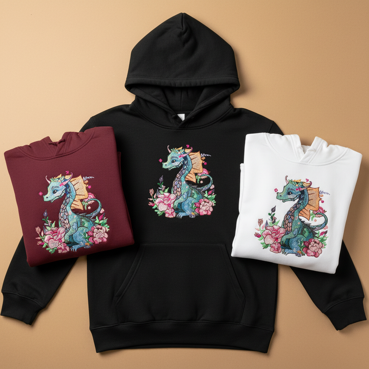 Floral Dragon — Premium Embroidered Hoodie | Original EmbroMania Design