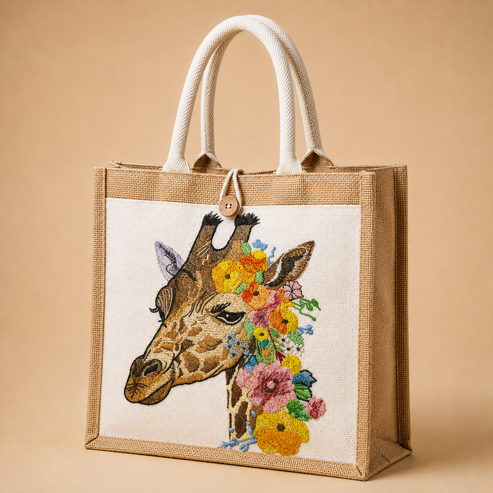 Jute bag with embroidered giraffe and floral design on a beige background