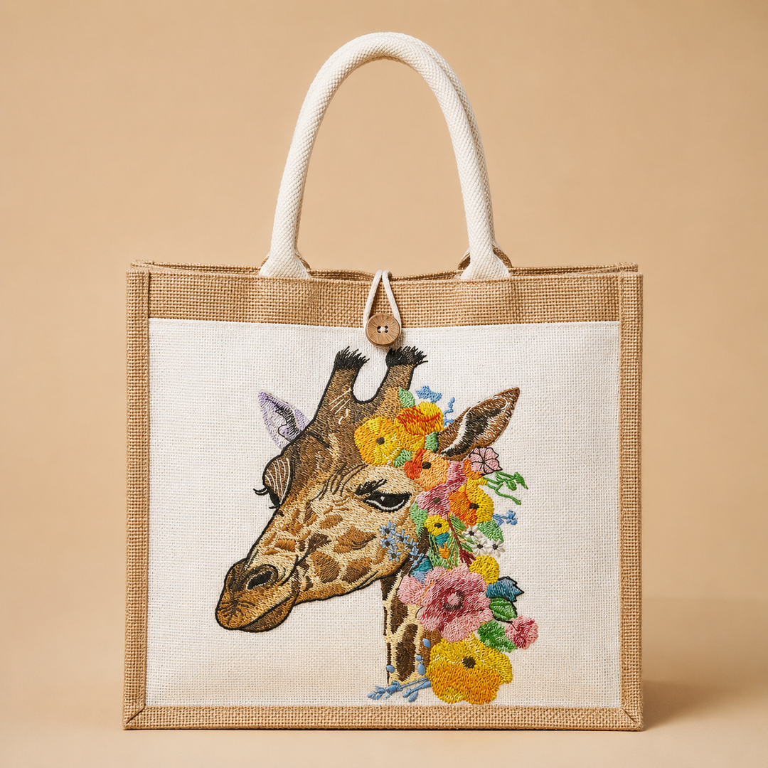 Tote bag with a giraffe design and floral elements on a beige background