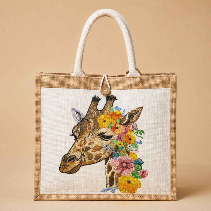 Tote bag with a giraffe design and floral elements on a beige background