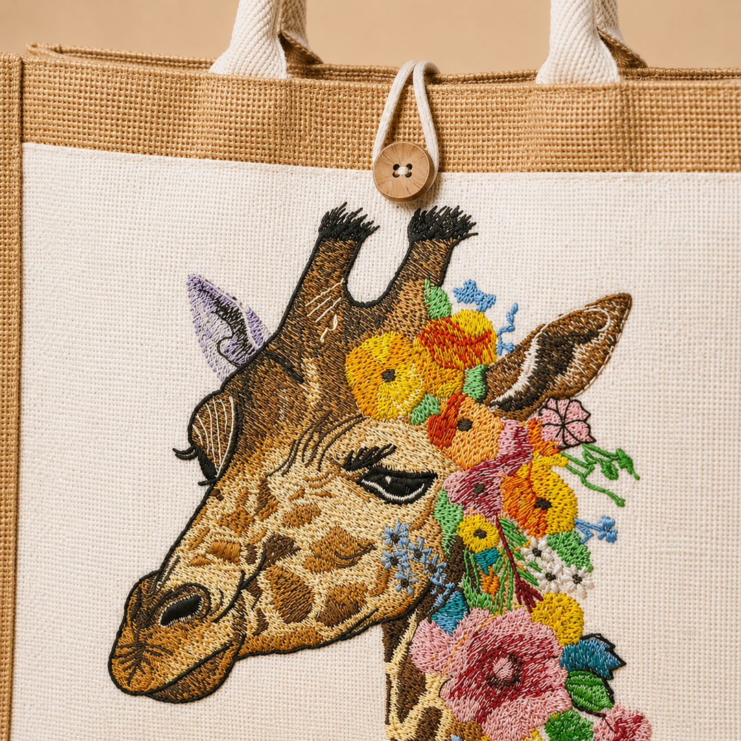 Tote bag with embroidered giraffe and floral design on a beige background