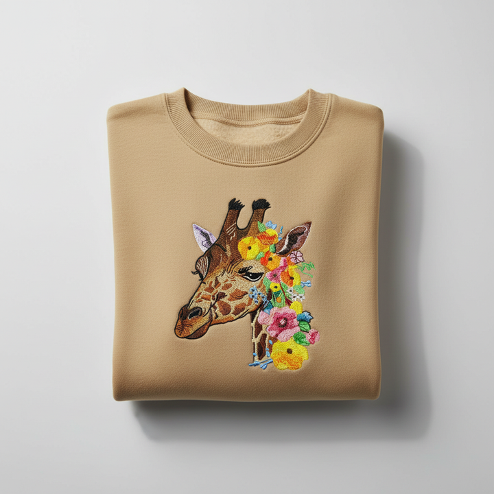 Floral Giraffe Muse — Premium Embroidered Sweatshirt | Original EmbroMania Design
