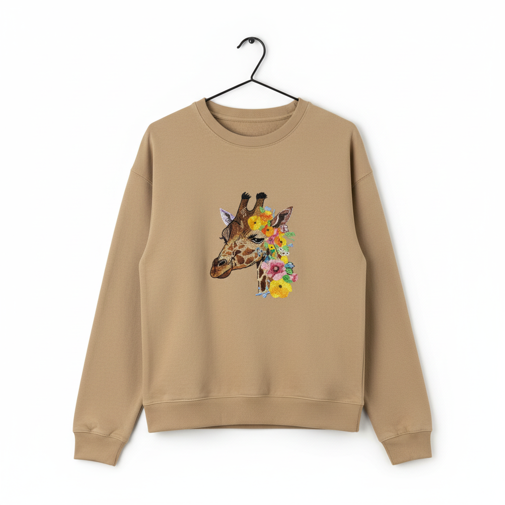 Floral Giraffe Muse — Premium Embroidered Sweatshirt | Original EmbroMania Design