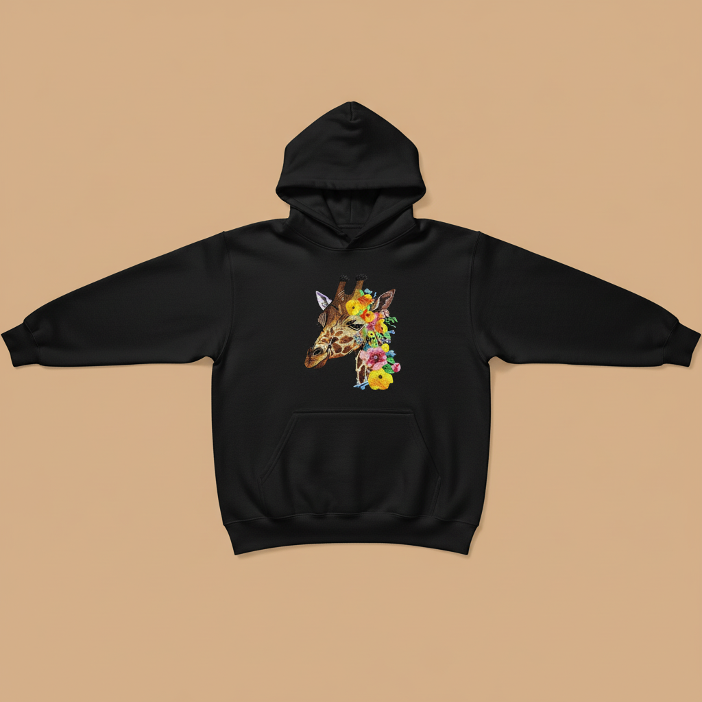 Blooming Giraffe Machine Embroidered Hoodie – Hand Finished in Dubai | EmbroMania