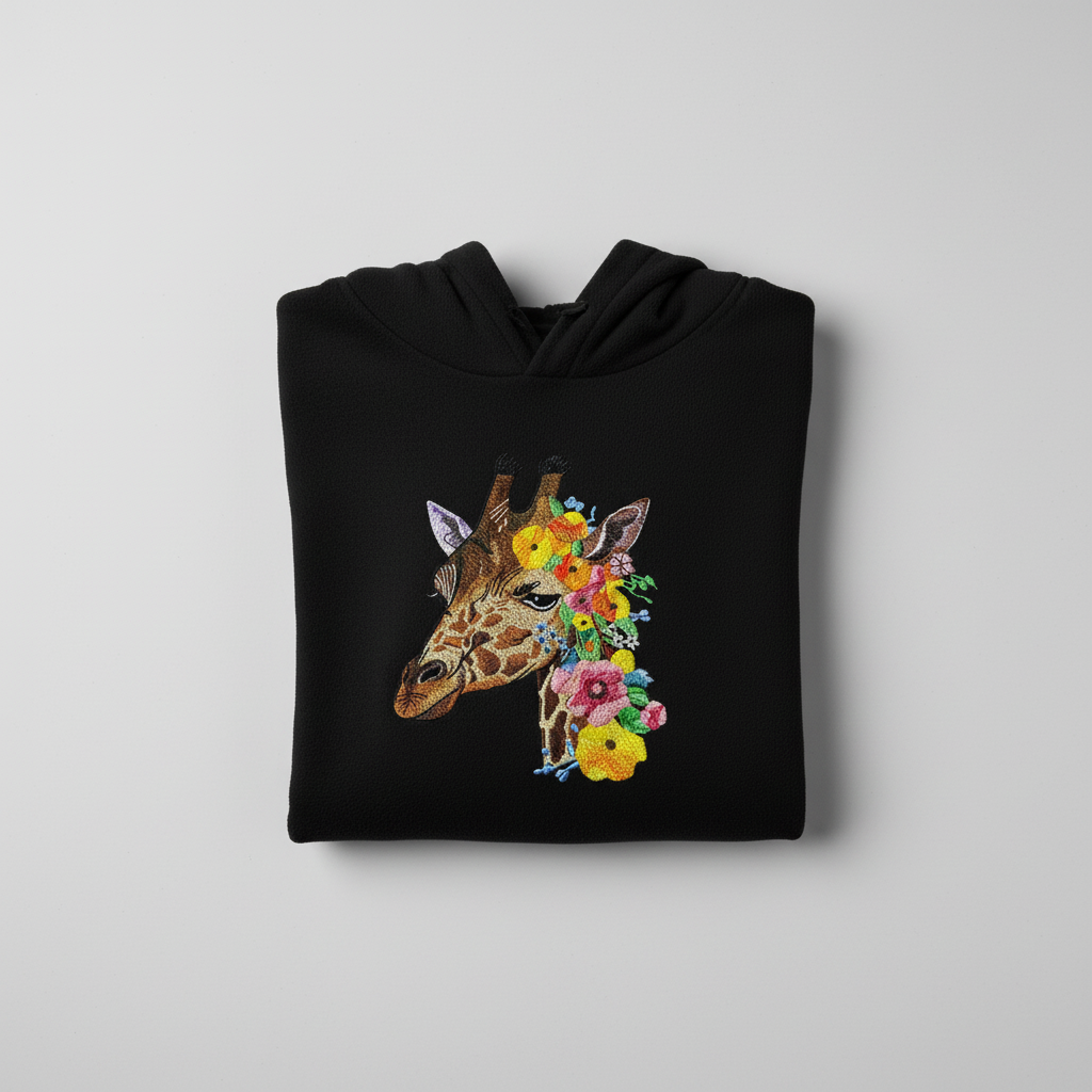Blooming Giraffe Machine Embroidered Hoodie – Hand Finished in Dubai | EmbroMania