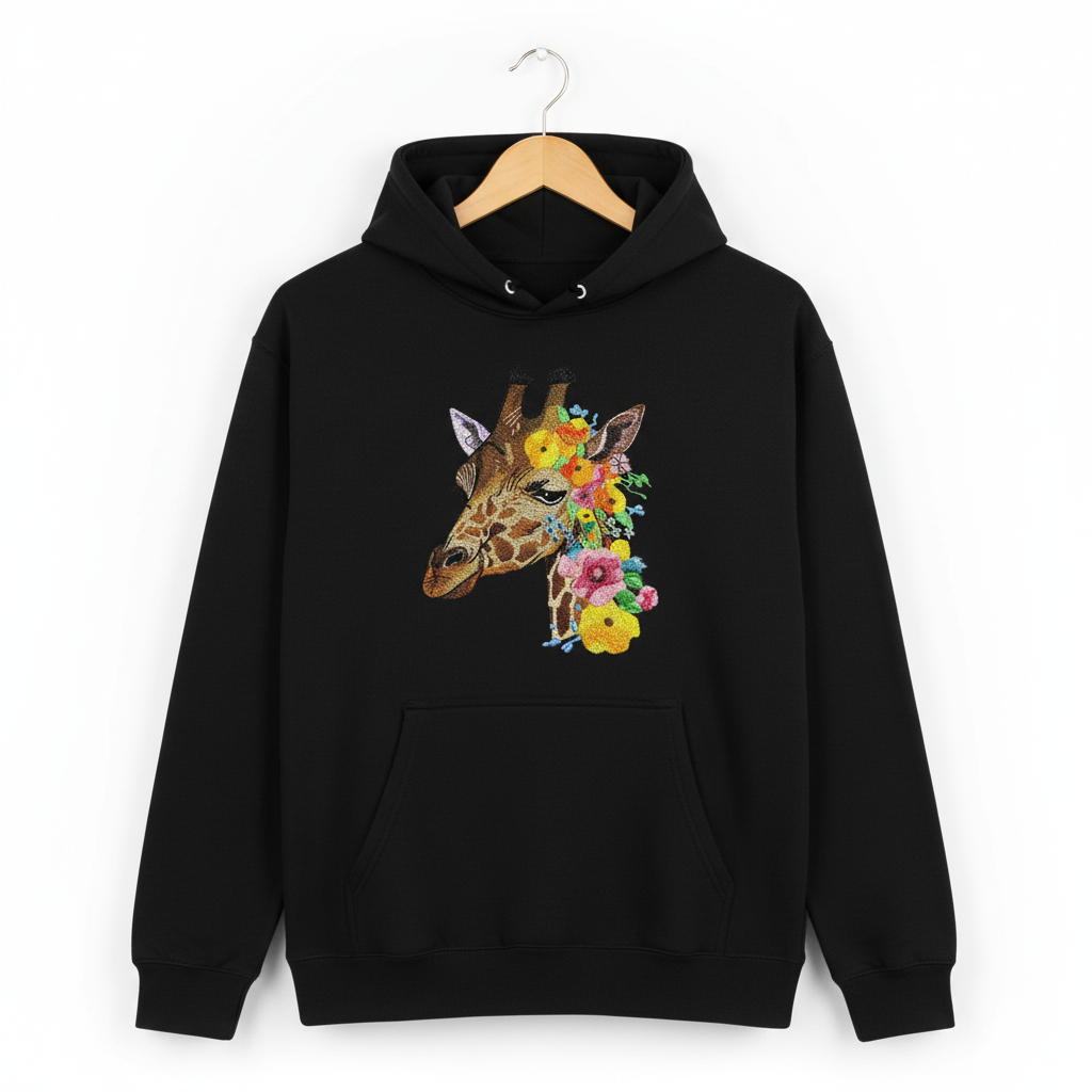 Blooming Giraffe Machine Embroidered Hoodie – Hand Finished in Dubai | EmbroMania