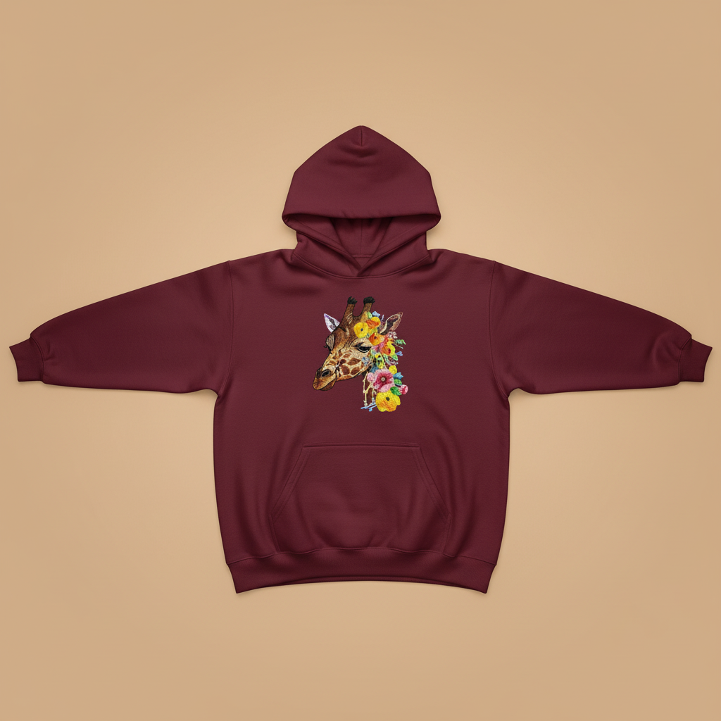 Blooming Giraffe Machine Embroidered Hoodie – Hand Finished in Dubai | EmbroMania