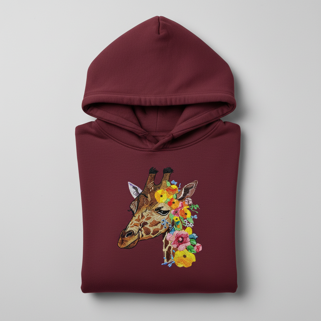 Blooming Giraffe Machine Embroidered Hoodie – Hand Finished in Dubai | EmbroMania