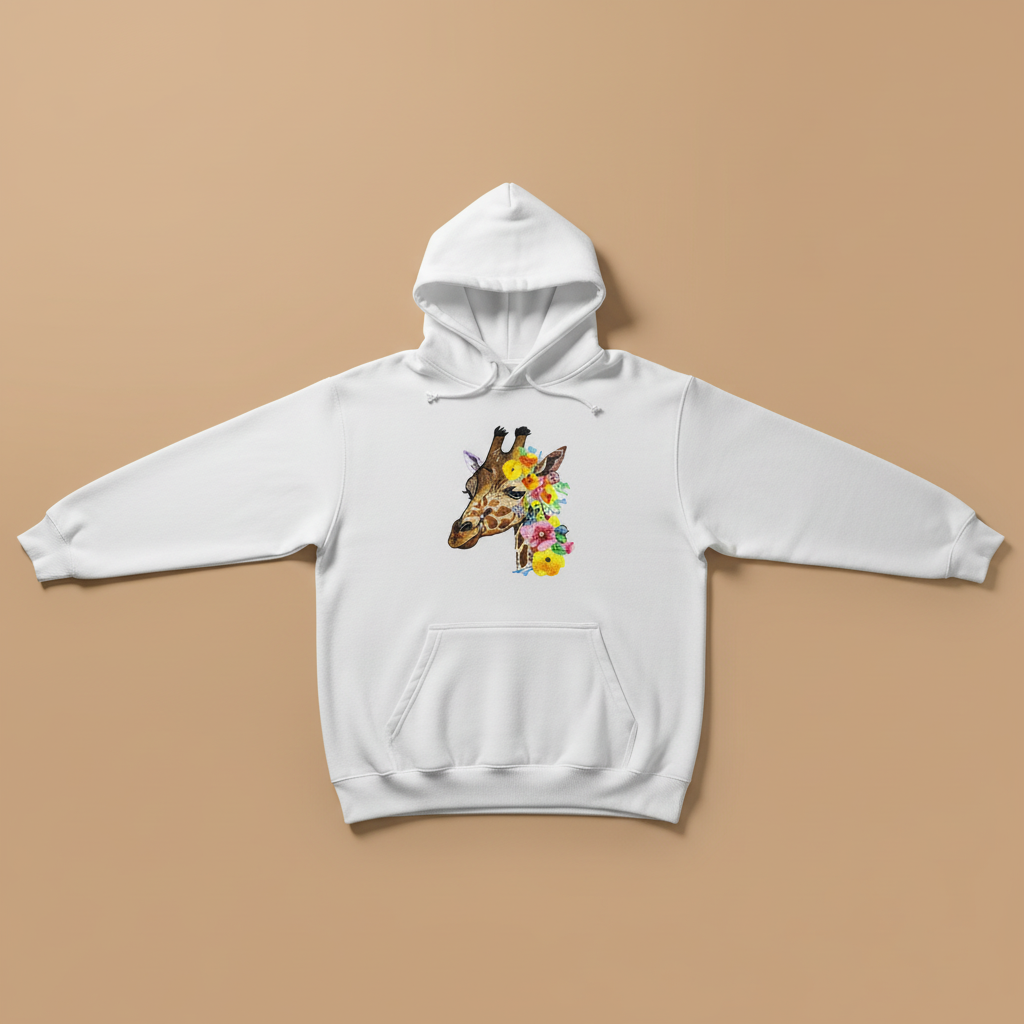 Blooming Giraffe Machine Embroidered Hoodie – Hand Finished in Dubai | EmbroMania