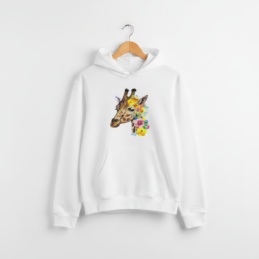 Blooming Giraffe Machine Embroidered Hoodie – Hand Finished in Dubai | EmbroMania