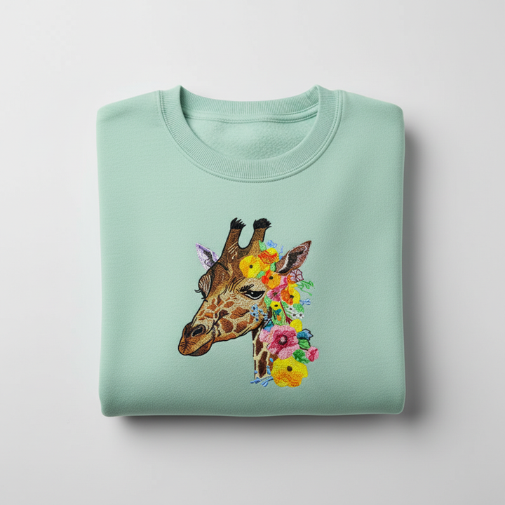 Floral Giraffe Muse — Premium Embroidered Sweatshirt | Original EmbroMania Design