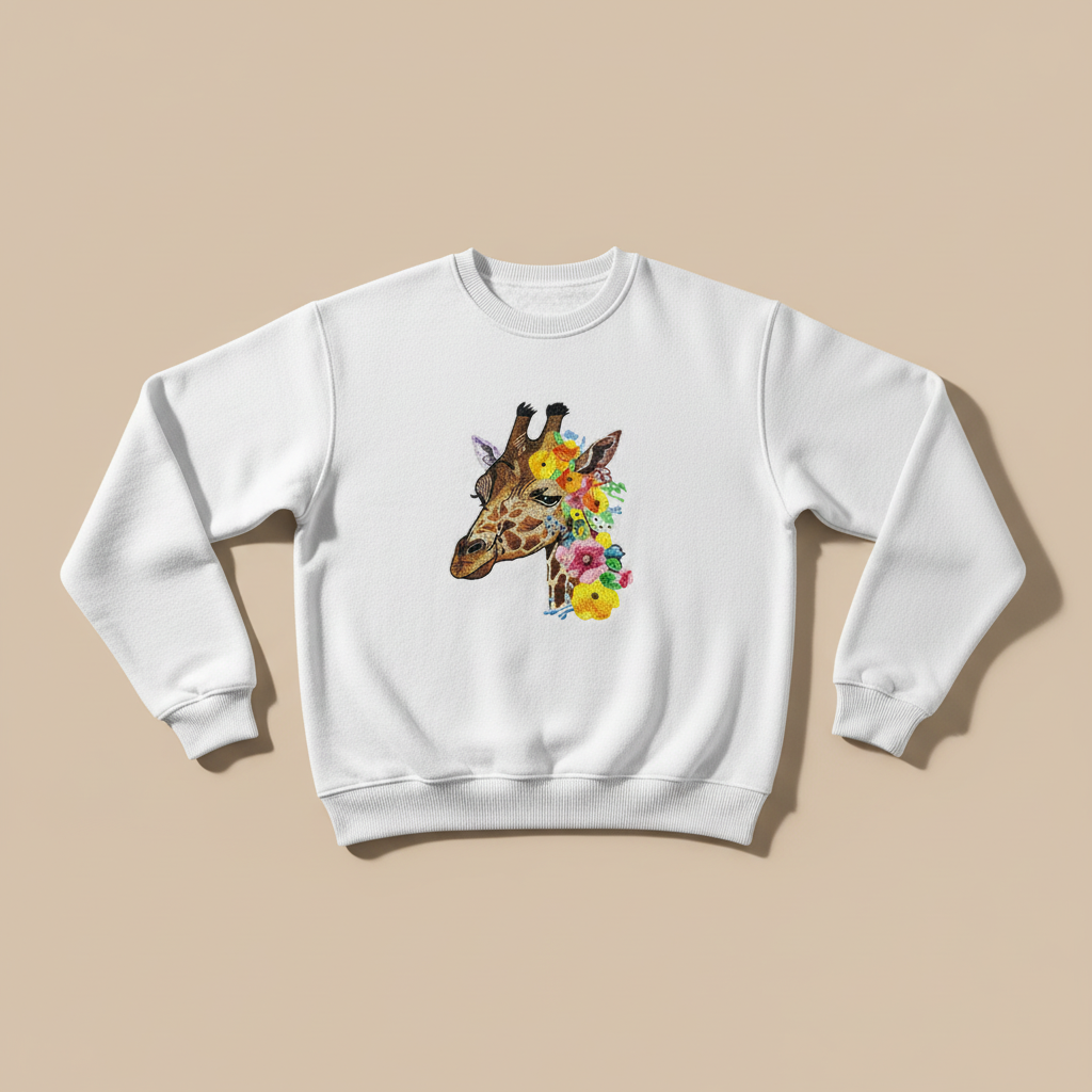 Floral Giraffe Muse — Premium Embroidered Sweatshirt | Original EmbroMania Design